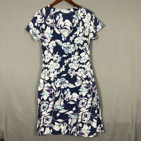 Soft Surroundings Sheath Dress Women's M Blue White Floral Stretch Surplice Neck - Picture 1 of 5